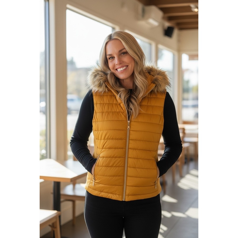 Bodilove Mustard Yellow Quilted Puffer Vest Faux Fur Hood Fleece Lined LB004-004